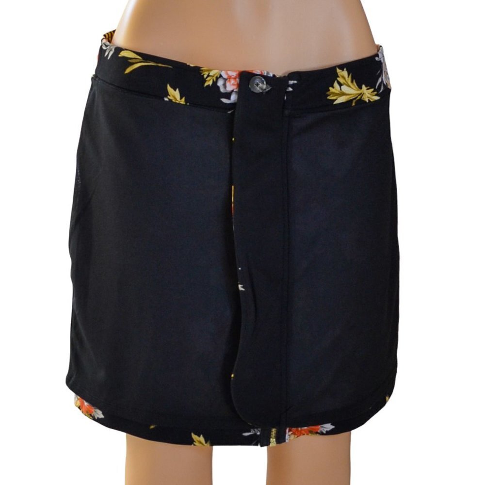 INC Women Zip-Front Mini Skirt Yellow Peach White Floral Pattern on Black Size L - Picture 7 of 9